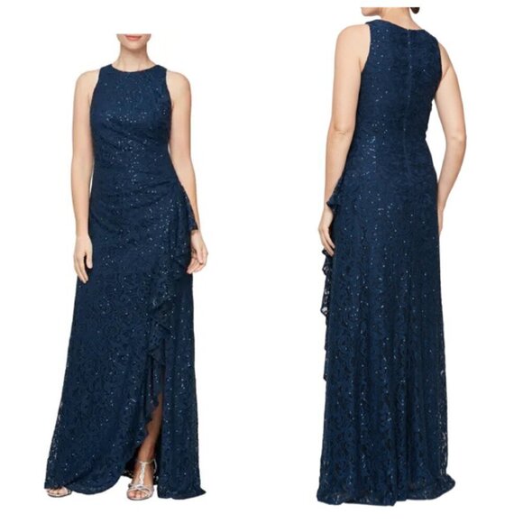 Alex Evenings Ruffle Sequins Lace Formal Gown Sz 6 in Navy - Picture 1 of 13